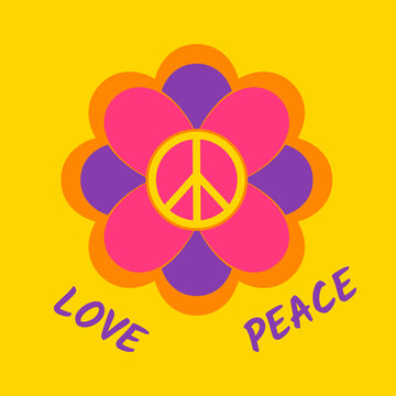 Flower in hippie style with peace symbols on yellow background with text Peace Love. Neon colors.