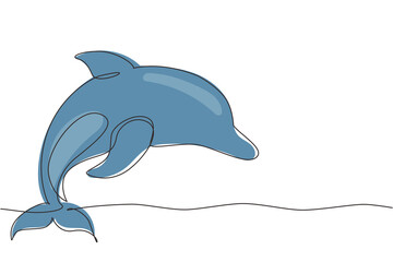 Continuous one line drawing cute blue dolphins, dolphin jumping and performing tricks with ball for entertainment show. Animal mascot for swimming pool. Single line design vector graphic illustration