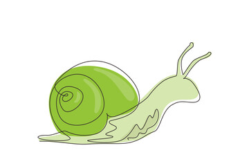 Continuous one line drawing common garden snail crawling. Snail animal mascot for food logo identity. High nutritious escargot healthy food concept. Single line draw design vector graphic illustration © Simple Line