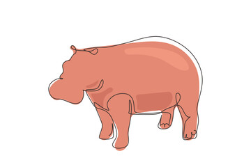 Single one line drawing big cute hippopotamus for company logo identity. Huge wild hippo animal mascot concept for national safari zoo. Modern continuous line draw design graphic vector illustration
