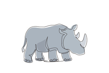 Single continuous line drawing strong rhinoceros for conservation national park logo identity. African rhino animal mascot for national zoo safari. One line draw graphic design vector illustration
