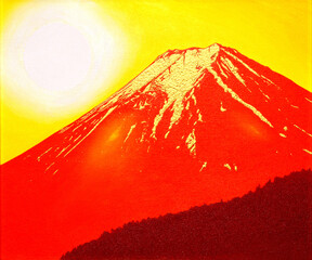 油絵開運山三ツ峠から金の赤富士