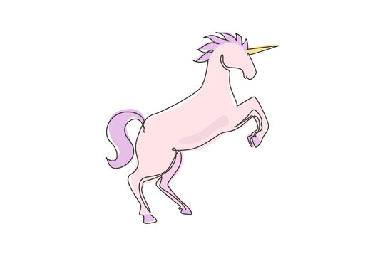 Continuous one line drawing unicorn lift two front legs. Black jumping fictional fairy animal. Magical unicorn running on wind. Childhood fantasy. Single line draw design vector graphic illustration