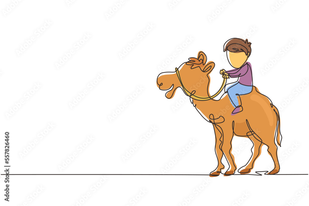 Aufkleber single one line drawing happy little boy riding camel. child sitting on hump camel with saddle in de