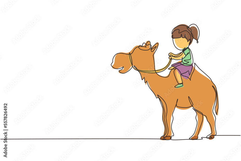 Aufkleber single continuous line drawing happy little girl riding camel. child sitting on hump camel with sadd