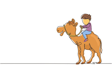 Single one line drawing happy little boy riding camel. Child sitting on hump camel with saddle in desert. Kids learning to ride camel. Modern continuous line draw design graphic vector illustration