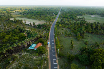 Beautiful drone shots of Point Peddro to Kodikakamam road, Jaffna, Northern Province, Sri Lanka.