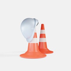A worker's helmet hangs on a traffic cone. Strike of workers or weekend of road services. 3d rendering.
