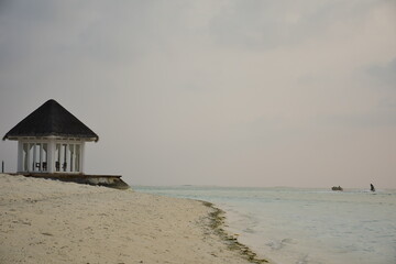 Maldives island landscape. Water, sand and greenery. Lush, tropical, vegetation, palm trees and...