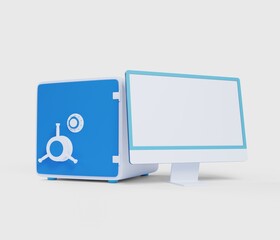 Mockup to demonstrate the interface of an online bank or exchange. Desktop computer in the background of the safe. 3D rendering.