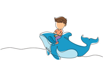 Single one line drawing little boy riding orca. Young kid sitting on back whale killer in swimming pool. Whale killer or orca in water. Modern continuous line draw design graphic vector illustration