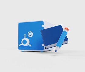  literacy of the population. Digital sources of information. Book, pencil and safe. 3D rendering.