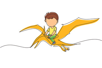 Single continuous line drawing boy riding flying dinosaur. Pterodactyl ride with young kid sitting on back of dinosaur and flying high in sky. Dynamic one line draw graphic design vector illustration © Simple Line