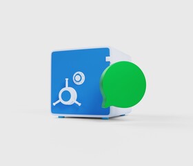 Chat with bank support. Icon dialog message on the background of the safe. Green messenger icon. 3D rendering.