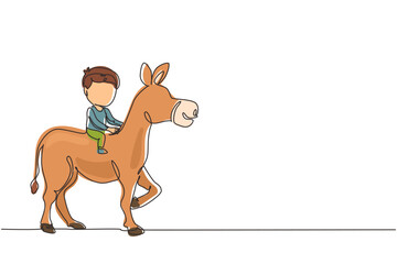 Obraz premium Continuous one line drawing happy cute boy riding cute donkey. Child sitting on back donkey with saddle in ranch park. Kids learning to ride donkey. Single line draw design vector graphic illustration
