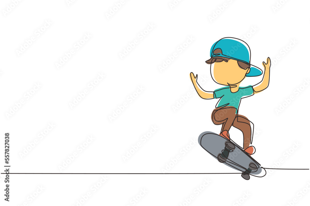 Poster continuous one line drawing happy smiling boy playing on skateboard. kid accelerating doing jumping.
