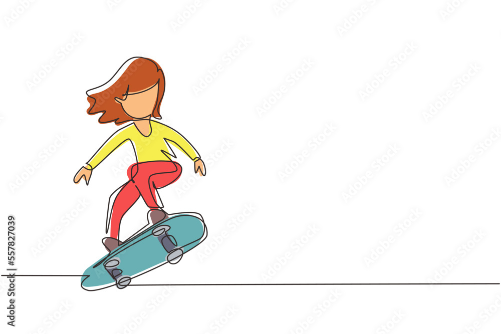 Poster single continuous line drawing happy smiling girl playing on skateboard. kid accelerating doing jump