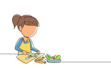 Single continuous line drawing little girl is cutting carrot and other fresh vegetables. Smiling child is enjoying cooking at home to help mother. One line draw graphic design vector illustration