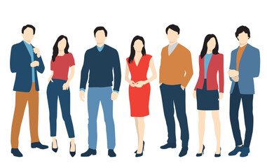 Fototapeta premium Set of young men and women, different colors, cartoon character, group of silhouettes of standing business people, students, the design concept of flat icon, isolated on white background