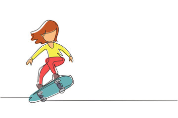 Obraz premium Single continuous line drawing happy smiling girl playing on skateboard. Kid accelerating doing jumping. Children on skateboarding ride at playground. One line draw graphic design vector illustration