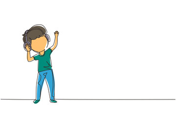 Single one line drawing boy listening to music with headphones on his head. Kid wearing earphones and headphones, listening to music and dancing. Continuous line design graphic vector illustration