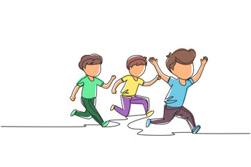 Single continuous line drawing children in athletics competitions. The boys run in stadium and finish. The child came running first and won. Dynamic one line draw graphic design vector illustration