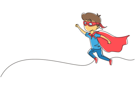 Single continuous line drawing boy flies through air in super hero pose with outstretched hand. Kid in super hero costume with mask on his face and cloak tied around neck. One line draw graphic design