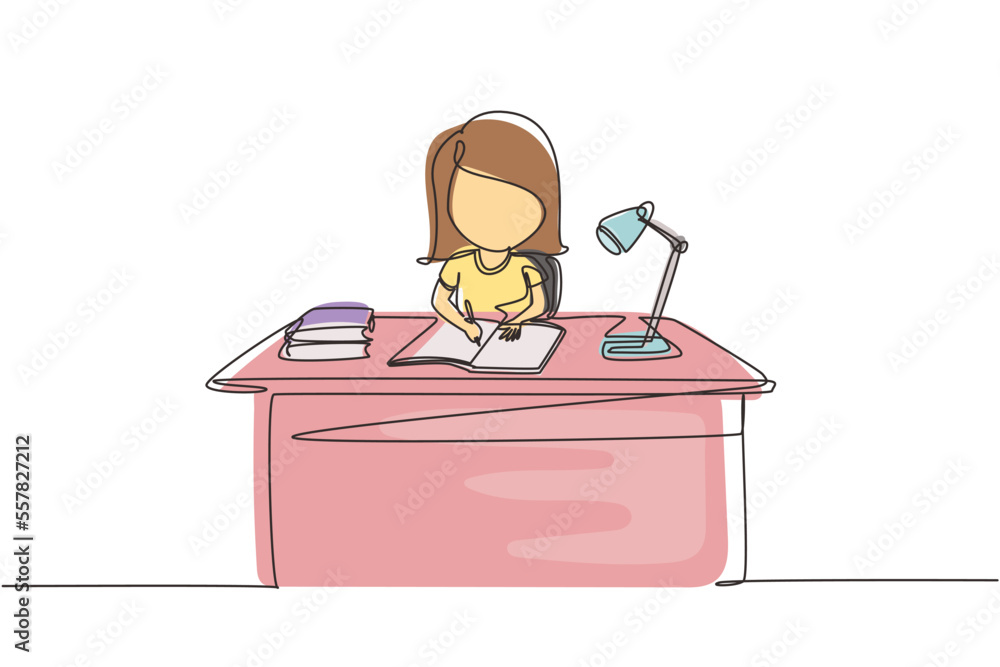 Aufkleber continuous one line drawing girl studying on table with study lamp and pile of books. kid makes home