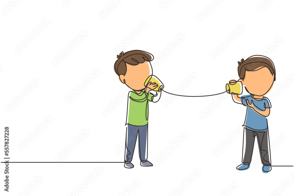 Poster single continuous line drawing little boys talk using string phone. children communicating through p