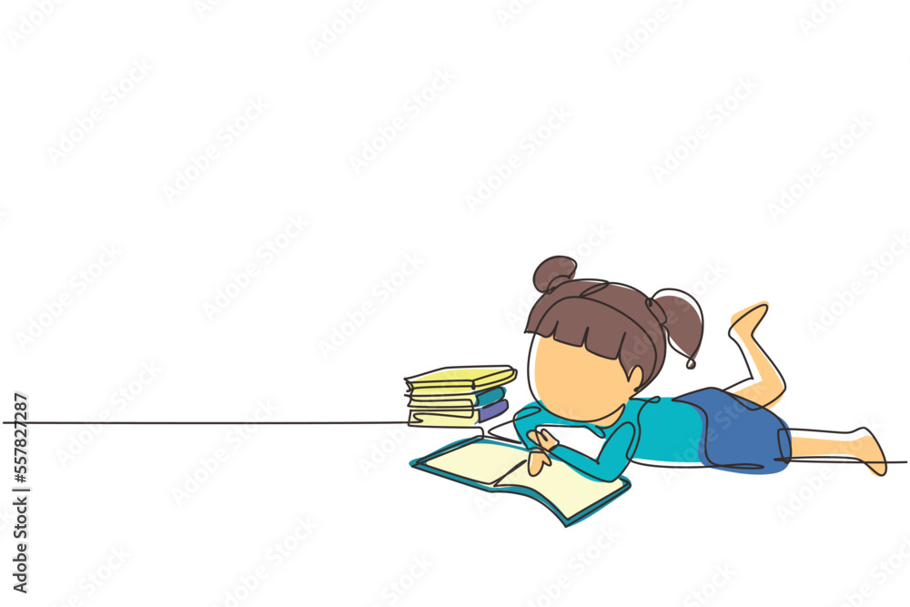 Aufkleber single continuous line drawing little baby girl is reading book and dreaming lying on floor. pile of