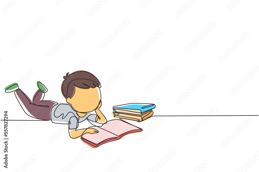 Aufkleber continuous one line drawing little baby boy is reading book and dreaming lying on floor. pile of boo