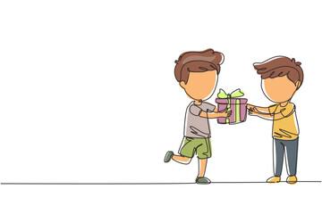 Continuous one line drawing boy giving his friend birthday ribbon bow gift box. Children excited receiving gift from friend. Child hand over holiday present. Single line draw design vector graphic