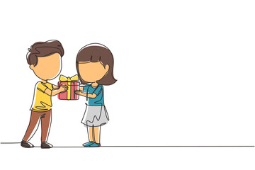 Single continuous line drawing boy kid giving girl birthday ribbon bow gift box. Children excited receiving gift from friend. Child hand over holiday present. One line draw graphic design vector