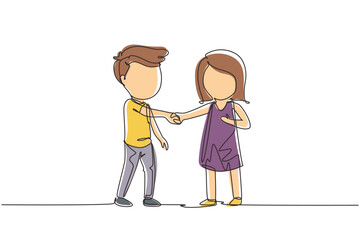 Single one line drawing boys and girls standing and shaking hands making friendship. Children introduce themselves. Kids touching each other's hand. Continuous line design graphic vector illustration