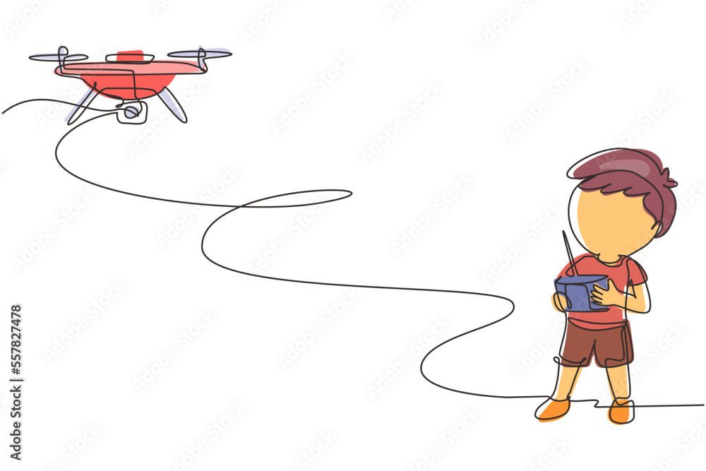 Poster single one line drawing boy with remote control drone. kid playing with quadcopter. happy child cont