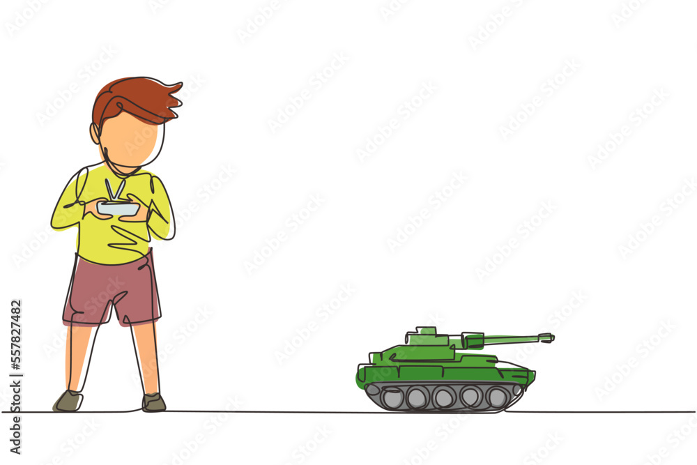 Poster single one line drawing boy playing with remote-controlled toy battle tank. kids playing with electr