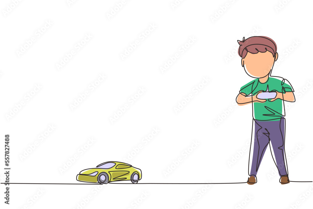 Poster single continuous line drawing little boy playing with remote-controlled car. cute kids playing with
