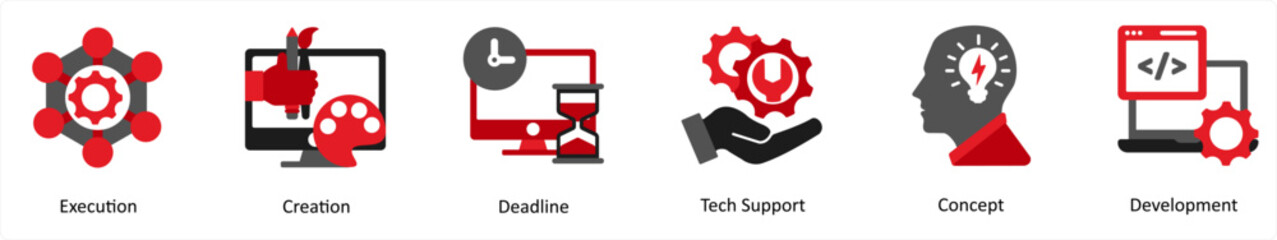 Six business icons in red and black as execution, creation, deadline