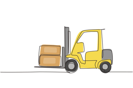 recommend clip art: Continuous one line drawing forklift truck with boxes. Heavy automobile. Construction industry and machinery concept. Children's toy forklift truck. Single line draw design vector graphic illustration