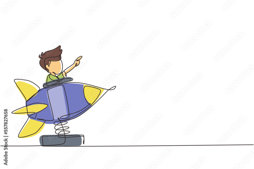 Poster continuous one line drawing little boy riding in toy rocket. kid driving spaceship in amusement park