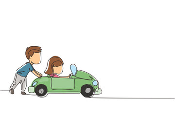 Continuous one line drawing a boy is pushing his friend's car in the road. Boy and girl play with big toy car together. Kids having fun with at backyard. Single line design vector graphic illustration