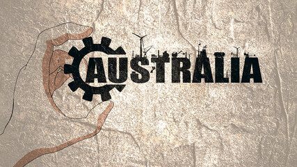 Hand holding Australia country name with energy generation , power supply, technology and industry relative icons.