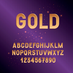 Golden font. English alphabet from a to z and numbers from 0 to 9. Festive type.