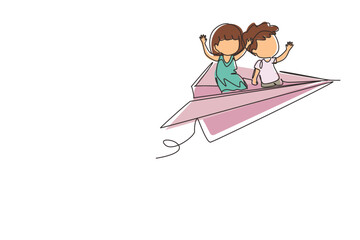 Single continuous line drawing happy boys and girls flying on paper plane. Kids flying on paper airplane together. Children back to school concept. One line draw graphic design vector illustration