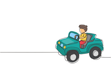 Single one line drawing boy driving car, happy cute child. Cute little boy smiling happy driving toy car. Children's trip in small car. Modern continuous line draw design graphic vector illustration