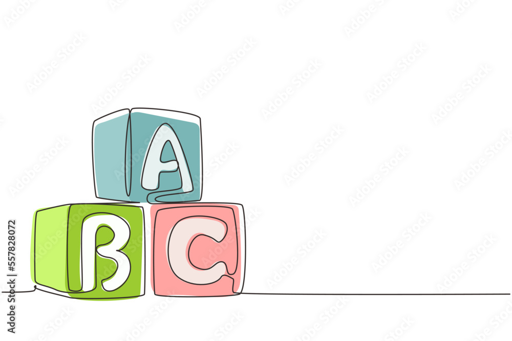 Poster single one line drawing alphabet cubes with letters abc. block building tower. abc letters building 