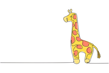 Fototapeta na wymiar Single continuous line drawing cute giraffe plush doll. Giraffe plush stuffed puppet. Stuffed giraffe toy. Yellow giraffe toys for children. Dynamic one line draw graphic design vector illustration