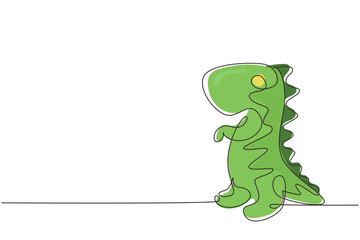 Single one line drawing toy dinosaur, soft fluffy toy. Cute dinosaur plush toy. Stuffed toy baby dinosaur. Series of children's toys. Modern continuous line draw design graphic vector illustration