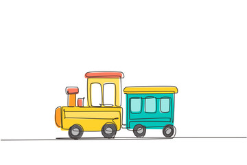 Continuous one line drawing toy train. Cute toy train and locomotive with railway carriage. Baby train toy. Passenger and cargo. Icon of children's toy. Single line design vector graphic illustration