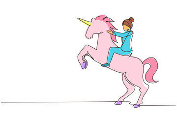 Single one line drawing businesswoman riding unicorn symbol of success. Business startup concept, looking at the goal, achievement, leadership. Continuous line draw design graphic vector illustration